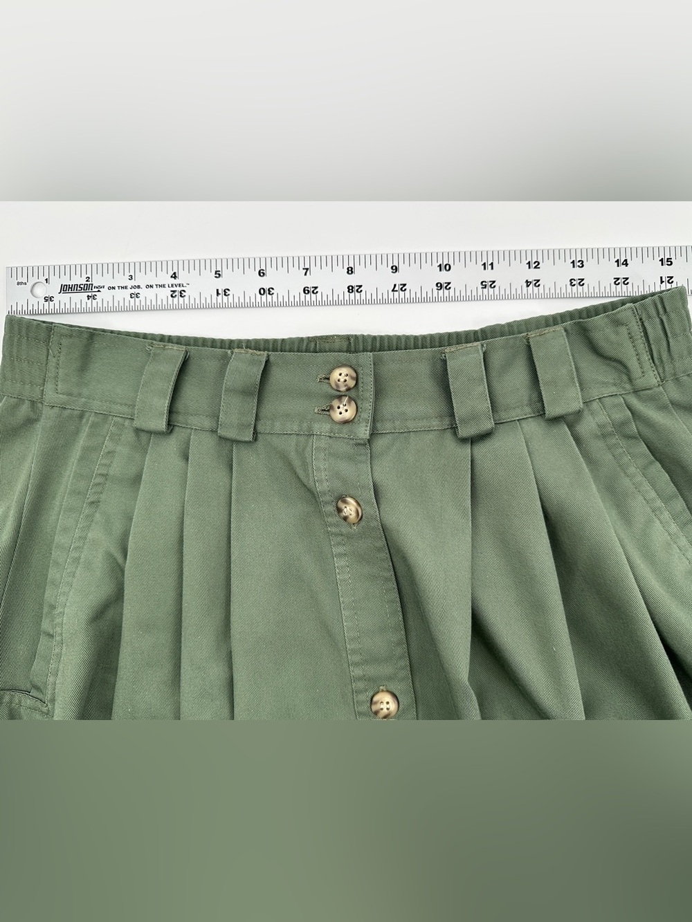 Karen Scott Olive Button Front Midi Skirt Pockets Pleats Cotton Blend Vtg Size 8 - Picture 8 of 9